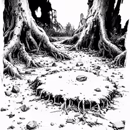 a black and white drawing of many trees