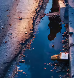 water puddles in the street at night with lights on