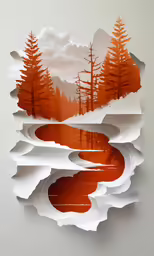 an abstract paper art painting depicting trees and water