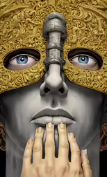 the face and eye is shown with the gold mask
