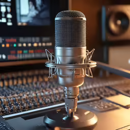 a microphone sits in front of sound mixing equipment