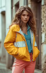 a woman in yellow and pink clothing poses for the camera
