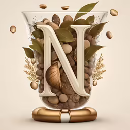 a glass jar filled with nuts and other foods