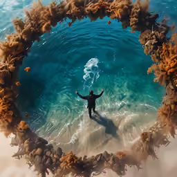 an aerial view of a person on the beach