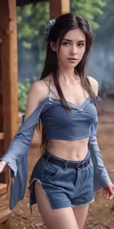 girl with short shorts in a pose on wood