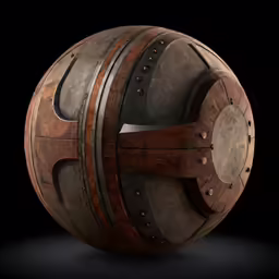 a large wooden barrel with rivets and studs on the rim