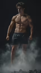 a shirtless young man standing next to water