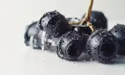 the four black beads are covered in rain