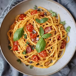 a white bowl filled with pasta topped with tomatoes and basil