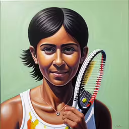 a painting of a young woman holding a tennis racket,painting of a woman holding a tennis racket