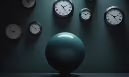 a collection of clock faces on a green wall