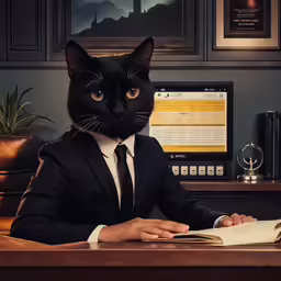 a black cat in business clothes reading a book