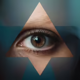 a blue and white photo of an eye with an extra triangle between it