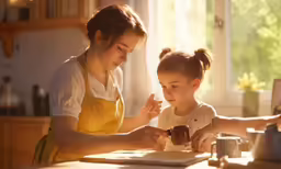 mother and her child having breakfast at home