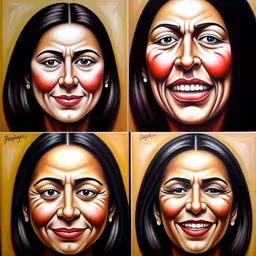 several expressions of a female face with red lips and eyebrows,three pictures of a face of a woman and four images of other faces,some face paintings are shown in a series of four images,a drawing of the faces of a woman with painted eyebrows,four faces with one woman