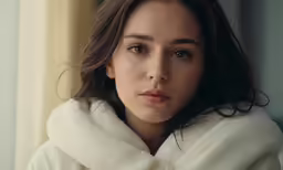 a beautiful woman in a white coat looking straight ahead