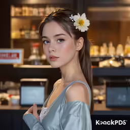 a pretty young lady with flower in her hair