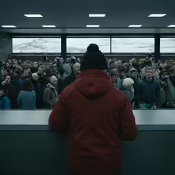 a crowd of people in an airport with a man standing at the counter