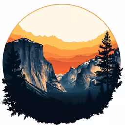 a mountain scene with the sun setting over the trees
