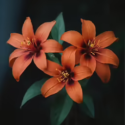three flowers on green leaves and one on orange flower