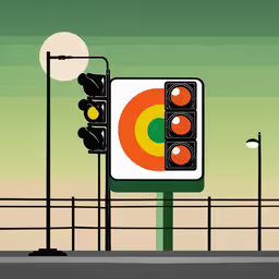 a stoplight at an intersection has an orange and green circle on it,this painting depicts an abstract street scene