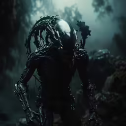 an alien with dread locks standing in a wooded area