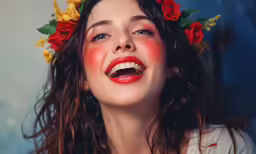 a young woman smiles while she has flower wreath on her head