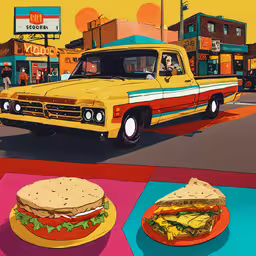 a yellow truck is parked next to a plate with a sandwich,an illustration of a yellow truck with sandwiches on the side