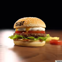 a hamburger on top of a table next to a tomato,a burger with a hamburger patty with lettuce and tomato on it