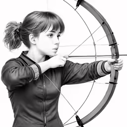 black and white photo of a woman holding an archery stick