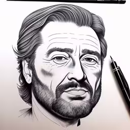 a drawing of a man with long hair and beards,this drawing depicts a man with a beard and big eyes,the portrait of john wick is drawn on paper,a black and white image of a man with his hair pulled back,a drawing of a man with beard and mustache