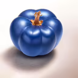 a blue colored tomato sitting on a table