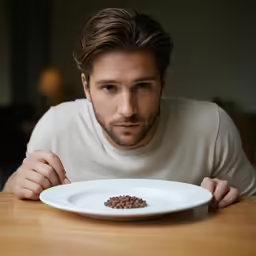 a man leaning on a table looking at a white plate
