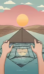 someone is floating in a boat at sunset