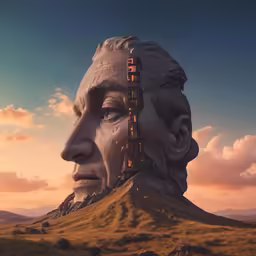 a man stares into a distance with cars on top of him