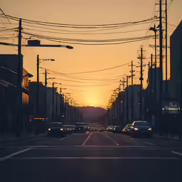 cars at sunset on an empty street near many electrical lines