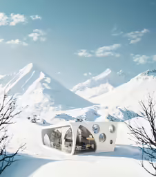 a snow covered mountain landscape has two white cabins with oval faces and round windows