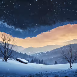the snow covered hills with trees under a cloudy sky,the night is just before sunrise on a snowy mountain