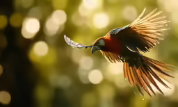 red and green parrot flying with wings spread in motion