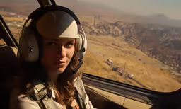 the girl is sitting in the airplane with headphones