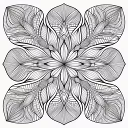 an intricately designed pattern with leaves in black and white,a large black and white drawing of leaves,abstract floral designs coloring book page,a circular abstract pattern that has leaves,this is an abstract drawing with leaves