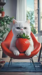 a cat on an orange chair holding a strawberries