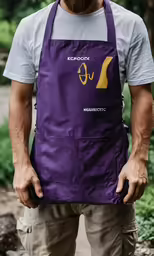 a man holding a purple and gold apron in his hands