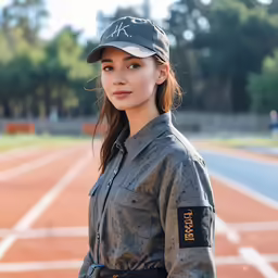 a female athlete with her hand on her hip standing on a track