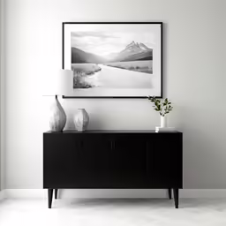 a black cabinet with two vases and a painting above