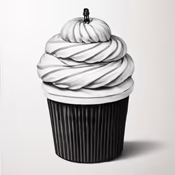 an artistic cupcake artwork, with black and white accents