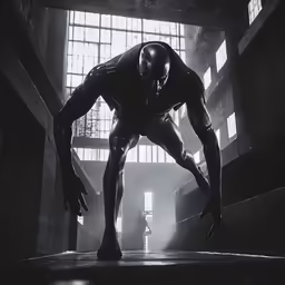 a man wearing a futuristic helmet standing inside a prison