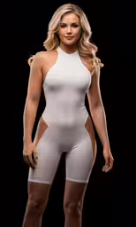 a woman in tight, white bodysuit with the top showing