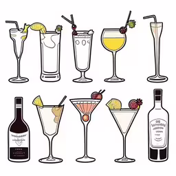 a collection of drinks drawn with markers,many glasses of different types and flavors