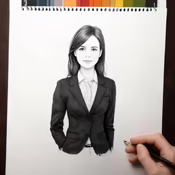 a pencil drawing of a girl in business attire